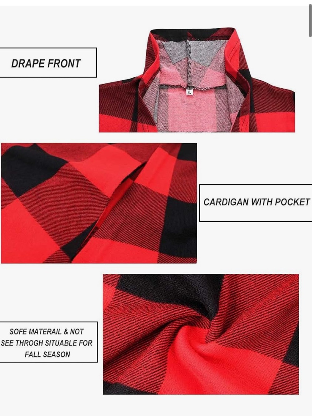 Red Buffalo Plaid Open-Front Sleeveless Vest/Cardigan NEW L/XL - Picture 4 of 4